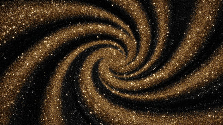 An abstract depiction of swirling golden stars in a dark cosmic space, creating an enchanting visual of glimmering light effects and infinite depth.の素材