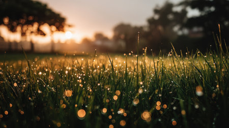 Captured at sunrise, this image showcases morning dew clinging to fresh green grass, illuminated by soft sunlight, creating a serene and vibrant outdoor atmosphere.の素材