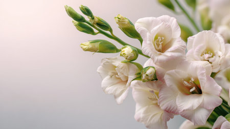 Charming white gladiolus blooms and buds create a serene composition, perfect for nature-themed projects, floral decorations, or elegant events.の素材