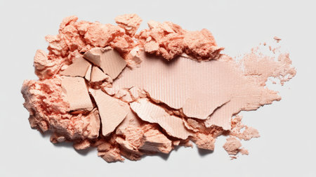 This image showcases fine powder makeup in a light pink hue, featuring broken pieces and a smooth surface, perfect for beauty product displays or editorial use.の素材