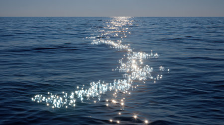 A breathtaking view of shimmering water under bright sunlight, creating mesmerizing reflections that dance on the serene surface of the ocean, evoking tranquility.の素材