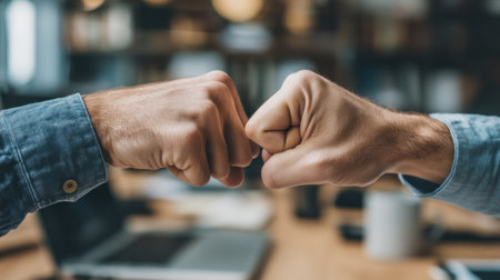 Two hands perform a fist bump in an office, representing camaraderie and teamwork between colleagues, ideal for themes of collaboration and professional relationships.の素材