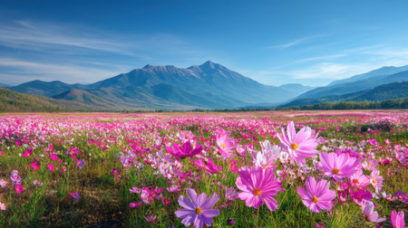 A stunning panorama of a pink flower field in full bloom, set against majestic mountains. The vibrant colors and serene beauty create a tranquil outdoor scene.の素材