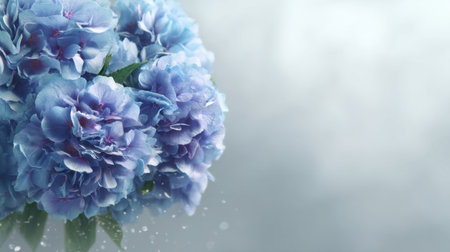 Captivating close-up of soft blue hydrangea flowers against a misty background, conveying tranquility and beauty, perfect for nature-inspired designs and projects.の素材