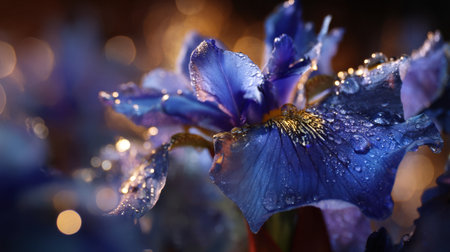 Explore the enchanting beauty of a close-up image showcasing a vibrant blue iris flower adorned with glistening dew drops under soft lighting, perfect for nature lovers.の素材