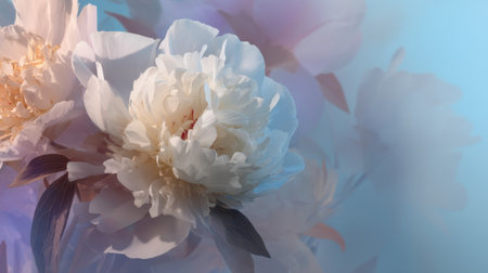 This image features soft white peonies set against a gentle blue backdrop, creating a peaceful and dreamy ambiance perfect for floral decoration and artistic inspiration.の素材