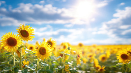 A vibrant field of sunflowers stretches toward a bright blue sky filled with fluffy white clouds, illuminated by warm sunlight, capturing the essence of summer joy.の素材