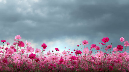 A stunning view of a field filled with vibrant pink cosmos flowers under a dramatic cloudy sky, showcasing the beauty of nature in spring and summer seasons.の素材