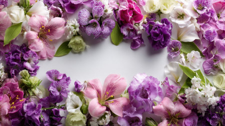 A stunning array of colorful flowers in shades of purple, pink, and white creates an elegant frame. Perfect for design projects, invitations, or seasonal decor.の素材