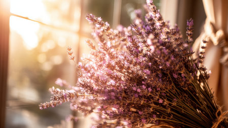 A stunning lavender bouquet captures the warm glow of sunlight streaming through a window, creating a tranquil and inviting atmosphere perfect for home decor.の素材