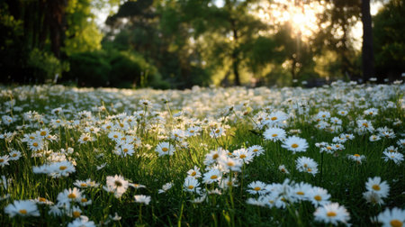 A beautiful sunlit meadow filled with vibrant white daisies and lush green grass, creating a serene and tranquil atmosphere in nature. Perfect for nature lovers!の素材
