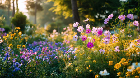A stunning view of a wildflower meadow illuminated by soft morning light, showcasing a vibrant display of colorful petals and serene nature.の素材