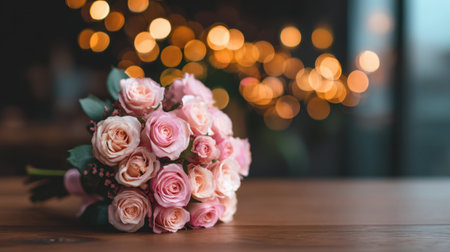 A stunning bouquet of pink roses elegantly arranged on a wooden table, enhanced by a soft bokeh background, ideal for romantic themes and special celebrations.の素材