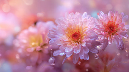 A stunning close-up of delicate pink flowers adorned with water droplets. This serene image captures the beauty of nature, perfect for floral designs and calming aesthetics.の素材