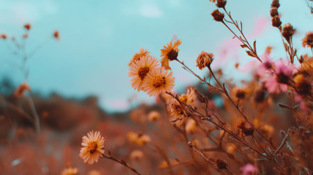 A picturesque scene featuring delicate wildflowers in a field, showcasing vibrant petals against a soft blue sky with gentle pink hues, inviting a sense of tranquility and beauty.の素材