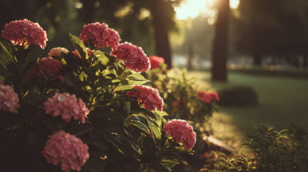 Stunning pink hydrangea flowers bask in warm golden hour sunlight, creating a serene atmosphere in a lush park, inviting viewers to enjoy nature's beauty.の素材