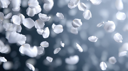 A captivating visual of soft white petals drifting through the air, set against a blurred blue background, evoking feelings of tranquility and elegance, perfect for artistic projects.の素材
