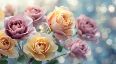 A stunning arrangement of delicate roses in soft pastel colors, set against a dreamy bokeh backdrop. Ideal for romantic themes, floral designs, or nature-inspired projects.の素材