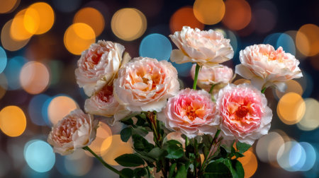 A beautiful arrangement of pink and peach roses stands elegantly against a soft, vibrant bokeh background filled with glowing lights, perfect for artistic displays.の素材