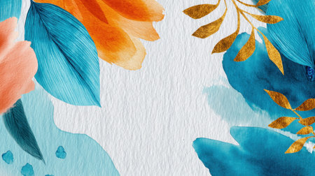 Bright and colorful floral watercolor background featuring bold orange and blue elements. Perfect for artistic projects, invitations, or decorative displays.の素材