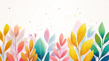 This artwork features vibrant hand-painted leaves and flowers in soft pastel colors, creating a cheerful and uplifting atmosphere ideal for various projects.の素材