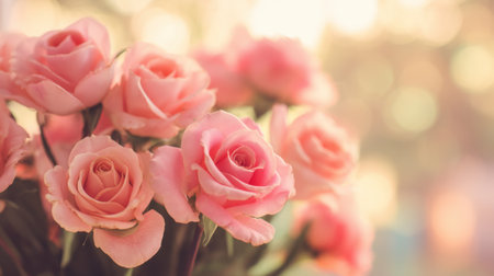 A stunning close-up of soft pink roses beautifully arranged, capturing their delicate petals and enchanting background bokeh for romantic or nature-inspired themes.の素材