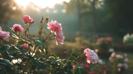A captivating scene of pink roses in a lush garden, illuminated by gentle morning light. This image evokes tranquility and beauty in nature, perfect for various projects.の素材