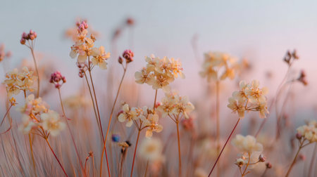 A collection of delicate wildflowers in soft light, beautifully capturing the essence of nature's tranquility and vibrant colors during a serene dusk moment.の素材