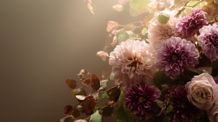 A stunning display of soft pastel flowers, including dahlias and roses, beautifully arranged with delicate foliage. Ideal for romantic and serene themes in design projects.の素材