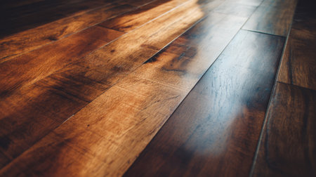 A stunning view of a wooden floor illuminated by natural light, highlighting its unique grain patterns and rich colors, ideal for home decor inspiration.の素材