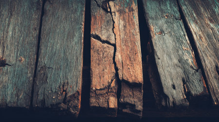 Close-up view of weathered wooden planks showcasing their unique texture and cracks, ideal for rustic design projects or vintage aesthetics. Perfect for backgrounds.の素材