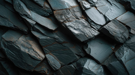 High-resolution image of a textured dark slate stone surface featuring natural layers and unique patterns, ideal for background and design projects with earthy tones.の素材