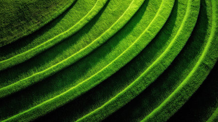 A stunning aerial view showcasing the intricate patterns of lush green terraced fields, emphasizing the beauty of nature and agricultural landscapes under bright sunlight.の素材