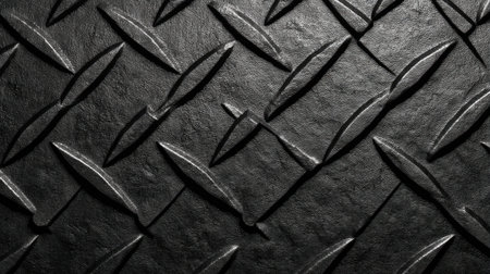 Close-up view of a textured black metal surface featuring a raised diamond pattern. Perfect for industrial, construction themes or artistic backgrounds.の素材