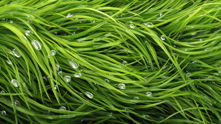 This high-resolution image captures the beauty of fresh green grass adorned with raindrops, presenting a serene and vibrant natural texture perfect for various design needs.の素材