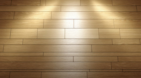 This image features a close-up of natural wooden flooring illuminated by warm light, showcasing its beautiful grain and smooth finish. Perfect for design ideas.の素材