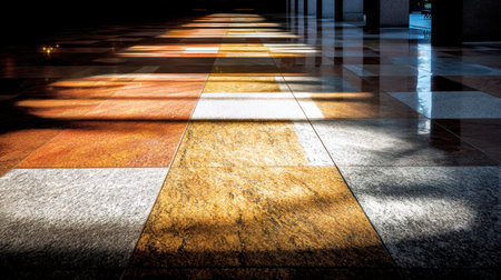 This image captures the stunning interplay of sunlight and shadows on a smooth floor of stone and marble tiles, showcasing vibrant colors and elegant patterns.の素材