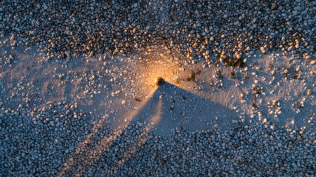 Captured from above, this serene image features a sunlit stone surface with intricate textures and long shadows, showcasing the beauty of nature at golden hour.の素材