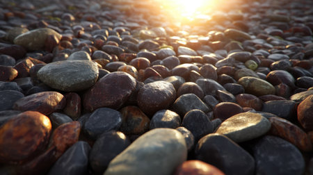 A serene view of colorful river stones illuminated by the warm glow of sunlight on a rocky shoreline. The soft focus enhances the tranquil atmosphere, inviting peaceful contemplation.の素材