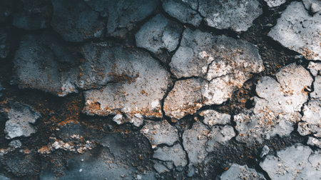 A close-up image of a cracked surface showcasing intricate textures and earthy colors. This abstract composition serves as a compelling background for various design uses.の素材