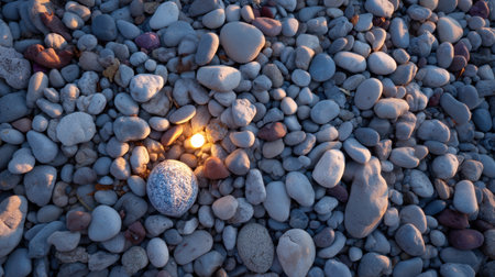 A captivating assortment of colorful pebbles lies on a rocky shoreline, with soft light casting gentle highlights, creating an inviting and tranquil natural ambiance.の素材