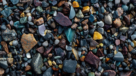 A detailed close-up of colorful pebbles and stones showcases a variety of shapes and textures, creating a vibrant natural landscape ideal for backgrounds or designs.の素材