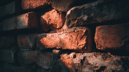 A captivating close-up view of a red brick wall showcasing intricate textures and play of light and shadow, perfect for backgrounds, design inspiration, and decor projects.の素材
