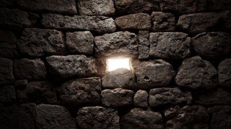 A small opening in a rough stone wall allows sunlight to pierce through, creating an enchanting interplay of light and shadow in a dramatic and rustic atmosphere.の素材