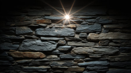 This image captures a textured stone wall enhanced by soft light, revealing intricate patterns and shadows that create a dramatic and serene ambiance suitable for various design projects.の素材