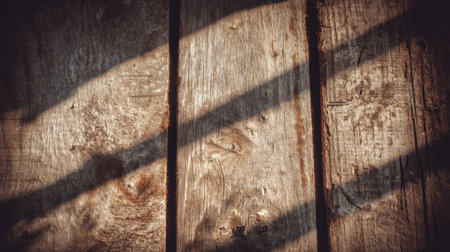 This image showcases the intricate textures and shadows of rustic wooden planks, perfect for conveying warmth and natural beauty in design projects or backgrounds.の素材