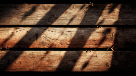 Captivating wooden planks with intricate shadows cast by gentle light, showcasing rich textures and natural patterns, perfect for backgrounds in creative design projects.の素材