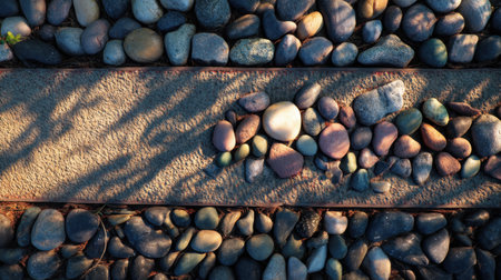 Aerial view of a beautiful outdoor garden pathway lined with colorful pebbles and gravel, showcasing the intricate textures and tranquil atmosphere of natural stones.の素材