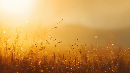 A breathtaking golden sunrise illuminates a serene field of wild grass. Soft light dances through the atmosphere, creating an enchanting and tranquil scene.の素材