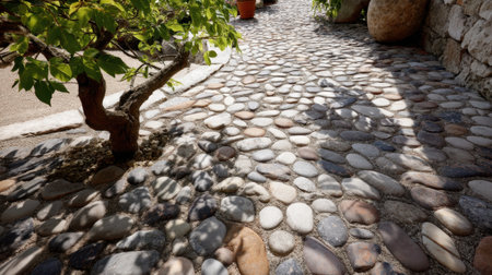 A beautiful stone pathway made of smooth pebbles, surrounded by lush greenery and sunlight casting gentle shadows, perfect for a peaceful outdoor garden experience.の素材